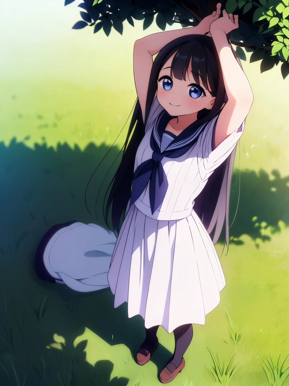 Girl lying in the grass in the shade from under a tree, Long black hair, , Arms above eyes, During a break, ((Wide Shot)), ((Wide-angle)), ((Full body in frame)), Tomorrow Alley、Sailor suit、Five perfect fingers、