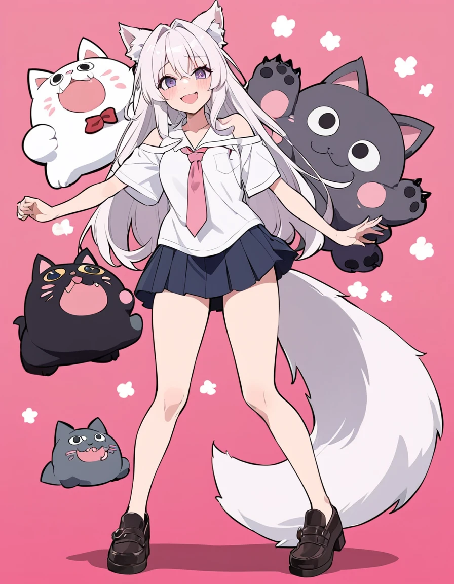 Anime masterpiece, one beautiful catgirl with white long hair ((neko ears)) wearing a school dress with big plush cat paw. The girl have loose shirt with loose long necktie, off-shoulder shirts, and cute mini skirt and a fox tail
She have cute face neko details, a roaring smile, and is in a playful playing pose with cat-like roaring with a pow higher than the other one. The scene in anime style, with pink flat background. Nearly Full body composition