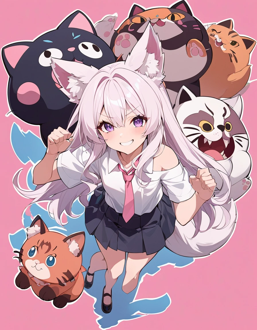 Anime masterpiece, one beautiful catgirl with white long hair ((neko ears)) wearing a school dress with big plush cat paw. The girl have loose shirt with loose long necktie, off-shoulder shirts, and cute mini skirt and a fox tail
She have cute face neko details, a roaring smile, and is in a playful playing pose with cat-like roaring with a pow higher than the other one. The scene in anime style, with pink flat background. Nearly Full body composition