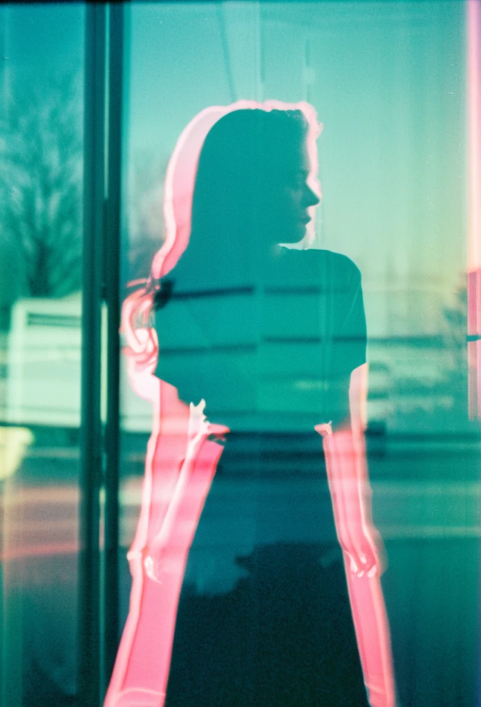Woman in the style of dark teal and light pink, double exposure, dark reflections, lomography, color negative