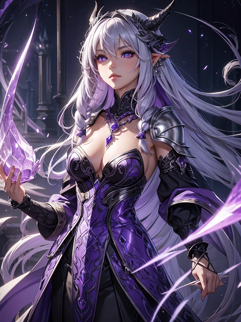 Silari Sark is a stylish Au Ra from Final Fantasy XIV. It has pearl gray skin with silver reflections and scales in light purple tones.. His horns, ivory color with silver veins, bow gracefully behind. His eyes are an intense sapphire blue., and her hair, long and straight, It is silver with hints of lavender, hairstyle in an intricate braid.
Wears light armor of dark purple and silver tones, with draconic details and amethyst gems, ideal for a Dragoon. Wears mithril bracelets, a necklace with a dragon scale amulet, and rings with purple gems. Silari is known for her prowess in hand-to-hand combat and her ability to channel draconic magic., reflecting the elegance and power of its name.
