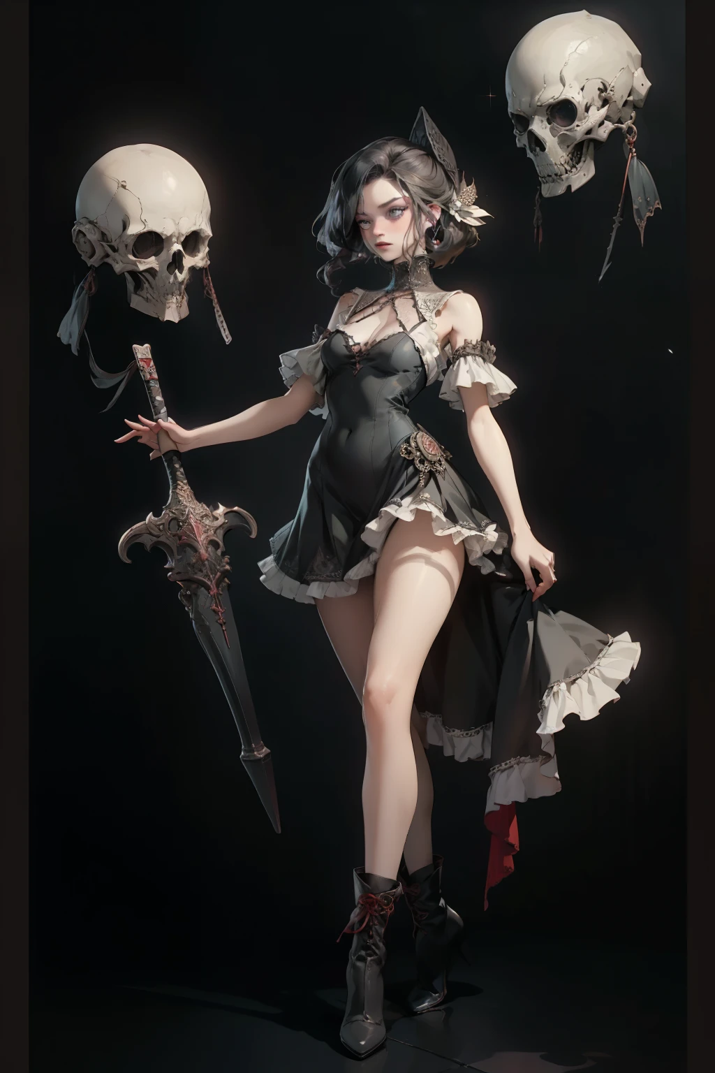 ((best quality)), ((masterpiece)), (detailed), very skinny, prominent collarbones, skinny arms, flat stomach, visible hip bones, red and white clothing, Bloodborne inspired, occult aesthetic, occult, detailed and intricate steampunk and detailed gothic, NSFW, Very dramatic and cinematic lighting, cosmic horror, grim-dark, side-lighting, perfect face, NSFW, Fluttering lace flared long knee length dress with frilly petticoats, knee length dress, pleated petticoats, ta dress, petticoats gothic lolicomplex lace boots, side-lighting, gothic lolita aetic, wielding a mighty sword with mechanical components, carbine, NSFW, beautiful small breasts, small breasts, full body, whole body, body, NSFW, full body, whole body, head-to-toe NSFW