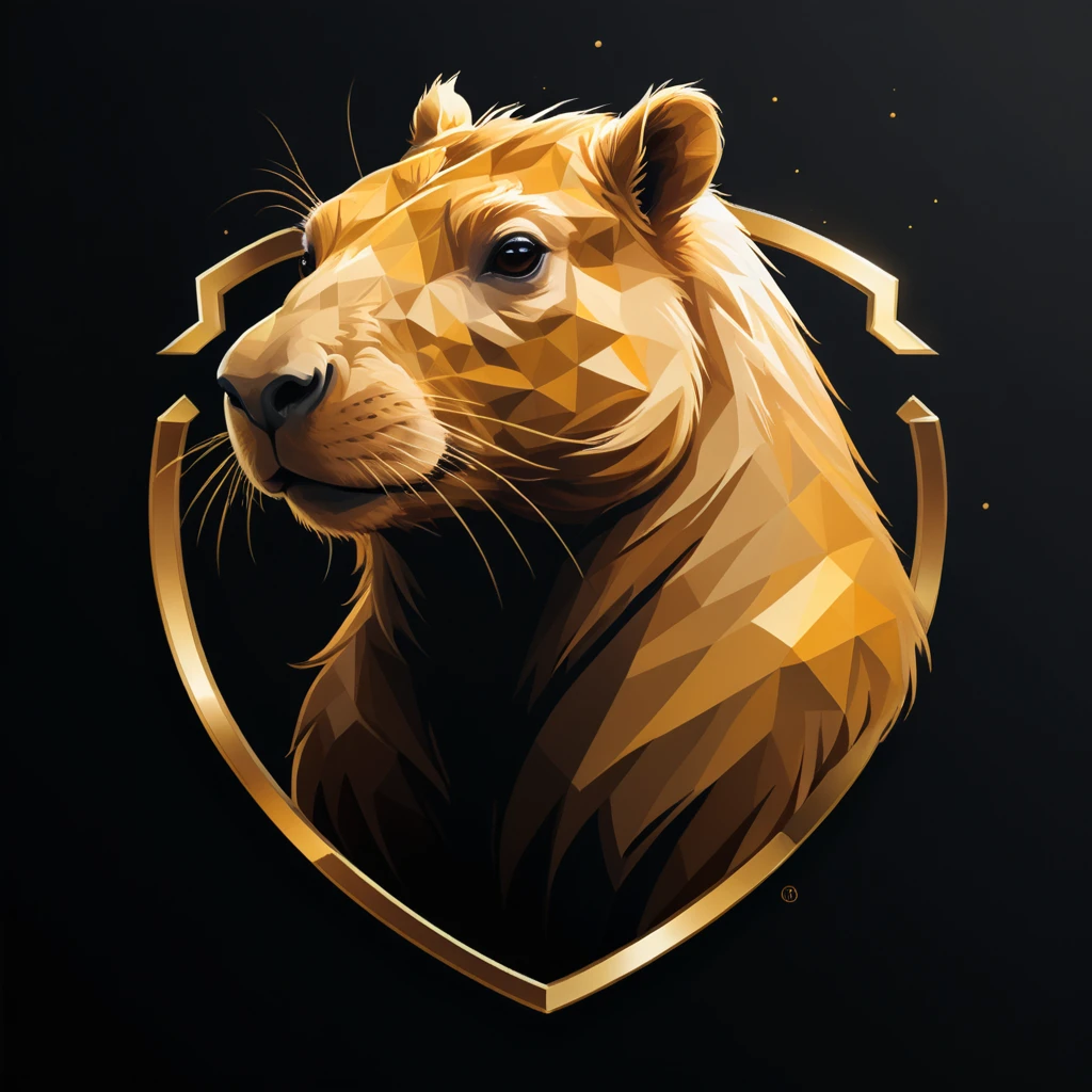((Priment in maximum resolution of 32K, minimalist 2D style, emphasizing clean lines and clear shapes. High-quality graphic design, with intricate and improved details)). | The logo is a silhouette of a golden capybara, representing a Counter-Strike e-sports team. The capybara is in a posture that conveys aggressiveness and versatility, with a and determined expression. The lines of the silhouette are elegant and dynamic, capturing the essence of the animal in motion. | The golden color is used in a rich and vibrant way, highlighting the capybara against a simple and dark background. Small details, such as subtle textures and light enhancements, are added to give depth and sophistication to the silhouette. | The design includes minimalist geometric elements that complement the shape of the capybara, creating a harmonious visual balance. Highlight lines and shading are used to emphasize the musculature and contours of the capybara, giving a three-dimensional aspect to the logo. | The composition is centered, with the capybara positioned dominan the logo, transmitting a sense of power and presence. The use of negative space is strategic, allowing the design to breathe and maintaining visual clarity. | The color palette is restricted, focusing mainly on gold and black, but with subtle nuances that add depth and interest. The lines and details are sharp, ensuring that the logo is readable and impactful in any size. | The logo captures the aggressiveness and versatility of a Counter-Strike e-sports team, symbolizing strength, intelligence and competitiveness. The minimalist aesthetic ensures a modern and timeless design, suitable for use on various platforms and media.
