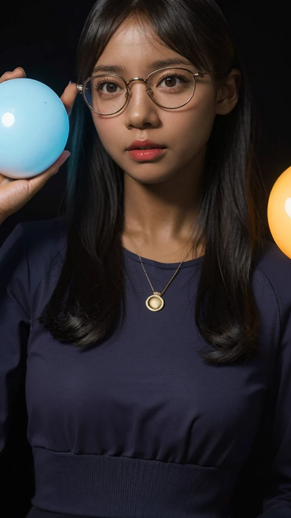 ((1 girl)), cheered up, short dark hair, Dark skin, bright glasses lenses, closed and expressionless mouth, session, with his hands holding a glowing orb while two other glowing spheres orbit around him.