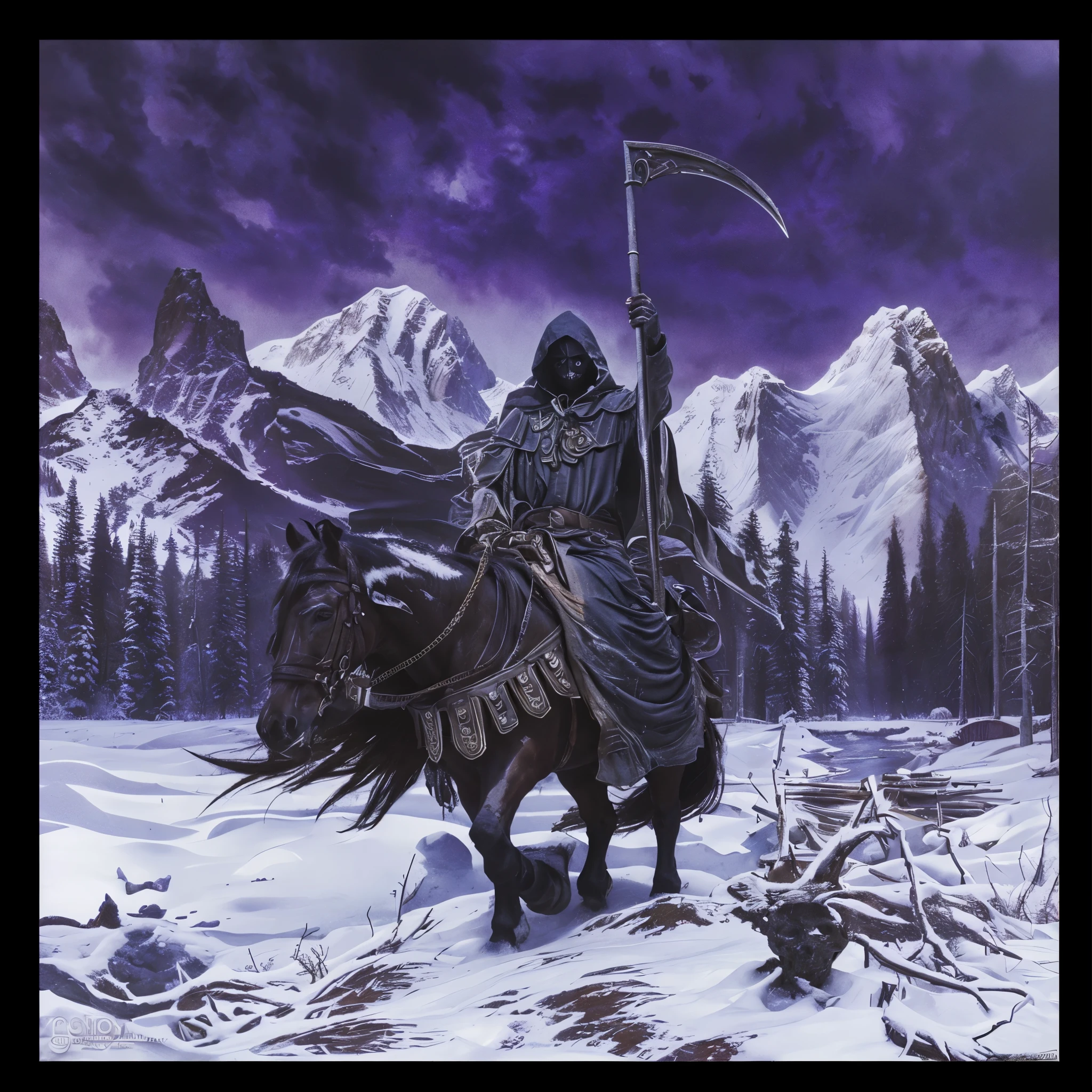 hooded death on horseback with a scythe in the snow, A dark (hooded) figure, with the face of death depicted as a skull, holding an hourglass in his right hand and raising an imposing oz with his left hand, dark fantasy oil painting, cinematic lighting, detailed facial features, detailed clothing, dramatic composition, moody colors, deep shadows, intricate background details, realistic rendering, masterpiece, cinematic lighting, photorealistic, highly detailed, dramatic atmosphere, chiaroscuro, muted color palette, intricate details, mystical and foreboding tone
