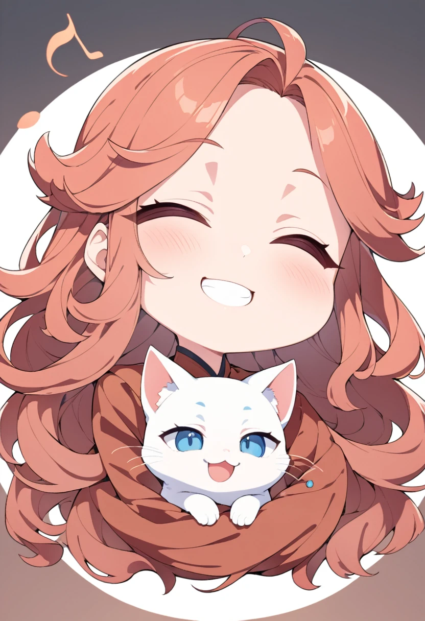(Red Cliff, Big Head, whole body, Super deformed), best quality, very good, 16K, Ridiculous, Extremely detailed, 2.5D, Delicate and dynamic depiction, Cute girl, Smile, Orange Messy Wavy Hair, Ahog, Holding a fluffy blue and white kitten in his arms, Dancing note effect, Soft and solid background, portrait