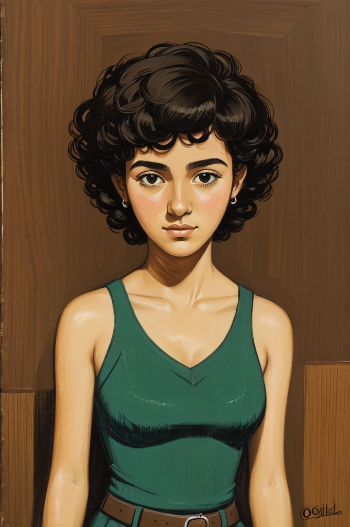 A portrait of a 14-year-old girl with curly, medium-short hair in the style of Oswualdo Guayasamin 