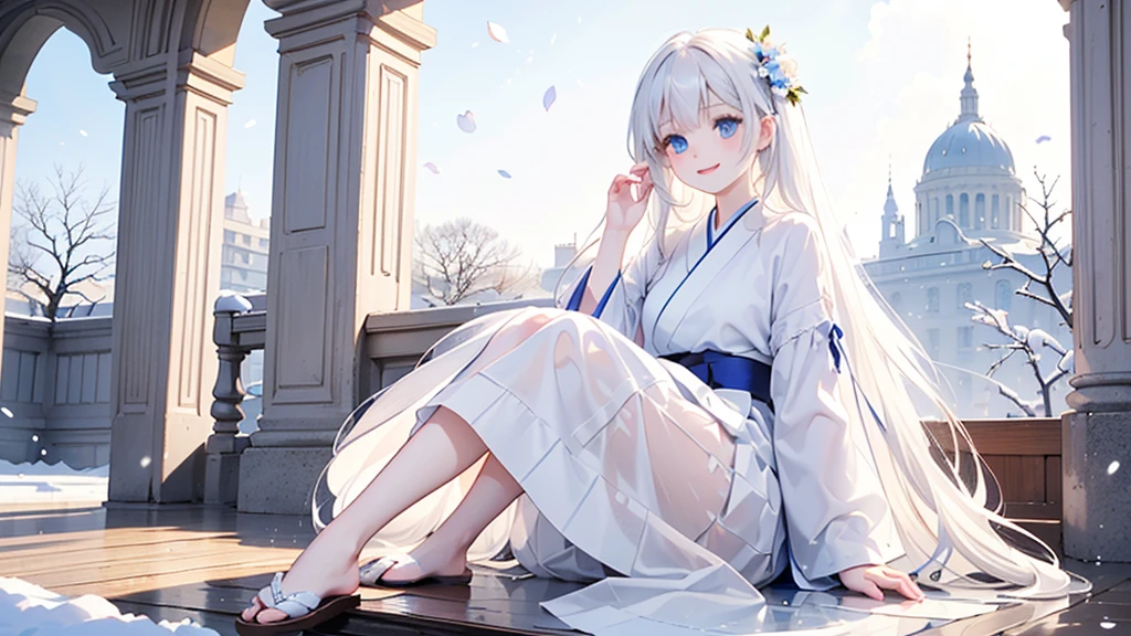 ((best quality,masterpiece,Extremely complex and exquisite details,There is only one sweet and beautiful girl with long white straight hair and blue eyes,Smile,long skirt)),(Exquisite light blue and white Japanese clothing,Beautiful bright and exquisite snow white ancient style high transparent architectural background),(correct anatomy,exquisite face),(touch flowers,Snow,Falling Flowers,Majestic and elegant outdoors),((Long-distance full body picture of a single person,sitting)),sweet atmosphere