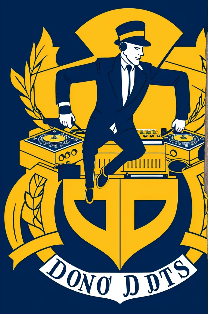 Logo with a coat of arms in the shape of a DJ's turntable. Dee jay. Deejay