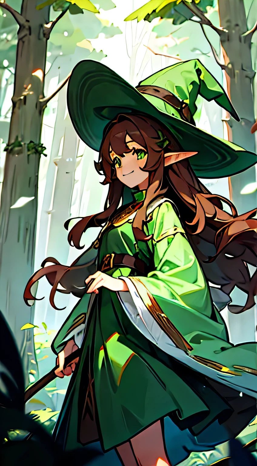 1 girl, long brown hair, long wavy hair, green eyes, smiling, witch hat, A green dress, White shirt with lantern sleeves, slightly smiling, looking at the camera, windy, elf ears, tricky glance, dark forest, dark background, forests, trees, Высокие trees