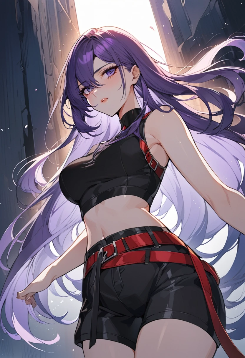 One a beautiful and calm woman, she has dark purple hair mixed with light purple hair at the ends of her hair, she wears black shorts and she wears a dark purple crop top with a red belt accessory. Manhwa style. 