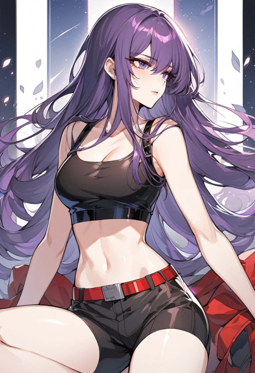 One a beautiful and calm woman, she has dark purple hair mixed with light purple hair at the ends of her hair, she wears black shorts and she wears a dark purple crop top with a red belt accessory. Manhwa style.