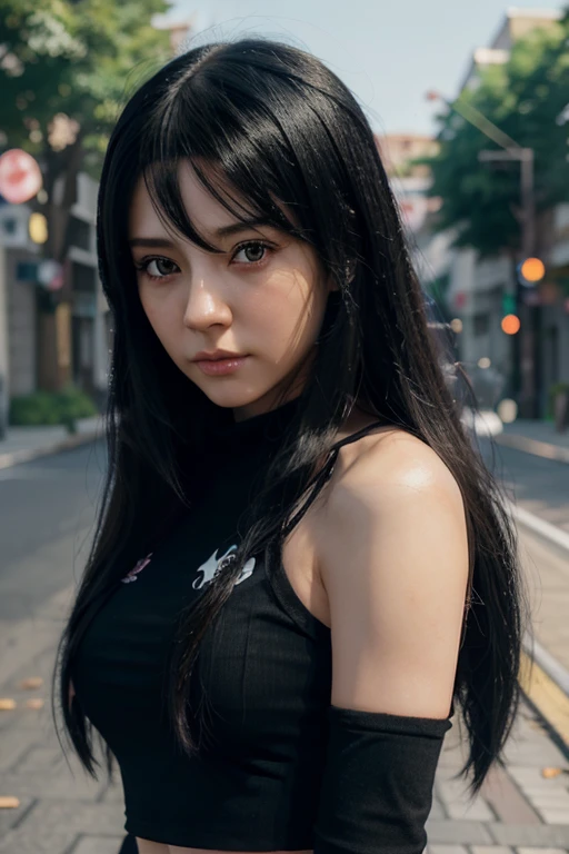 Anime girl with long hair black top holding a skull, realistic anime 3D style, 3D anime realistic, photorealistic anime, photorealistic anime girl render, Sleek anime CG art, anime styled 3d, realistic anime style, anime style realism, anime style. 8 k, Realistic teen anime girl, render of a cute 3D anime girl