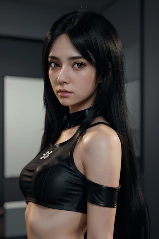 Anime girl with long hair black top holding a skull, realistic anime 3D style, 3D anime realistic, photorealistic anime, photorealistic anime girl render, Sleek anime CG art, anime styled 3d, realistic anime style, anime style realism, anime style. 8 k, Realistic teen anime girl, render of a cute 3D anime girl
