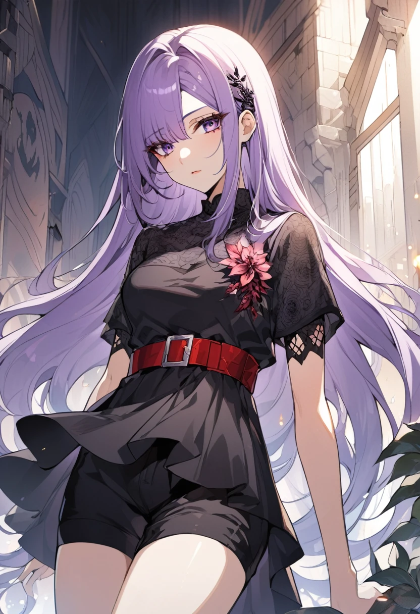 One a beautiful and calm woman, she has dark purple hair mixed with light purple hair at the ends of her hair, she wears black shorts and she wears a dark purple top with a red belt accessory with a death flower pattern. Manhwa style.
