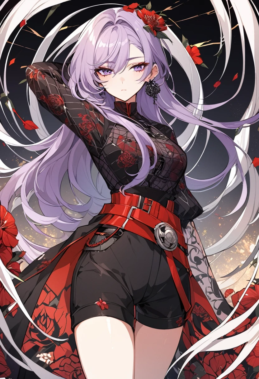 One a beautiful and calm woman, she has dark purple hair mixed with light purple hair at the ends of her hair, she wears black shorts and she wears a dark purple top with a red belt accessory with a death flower pattern. Manhwa style.