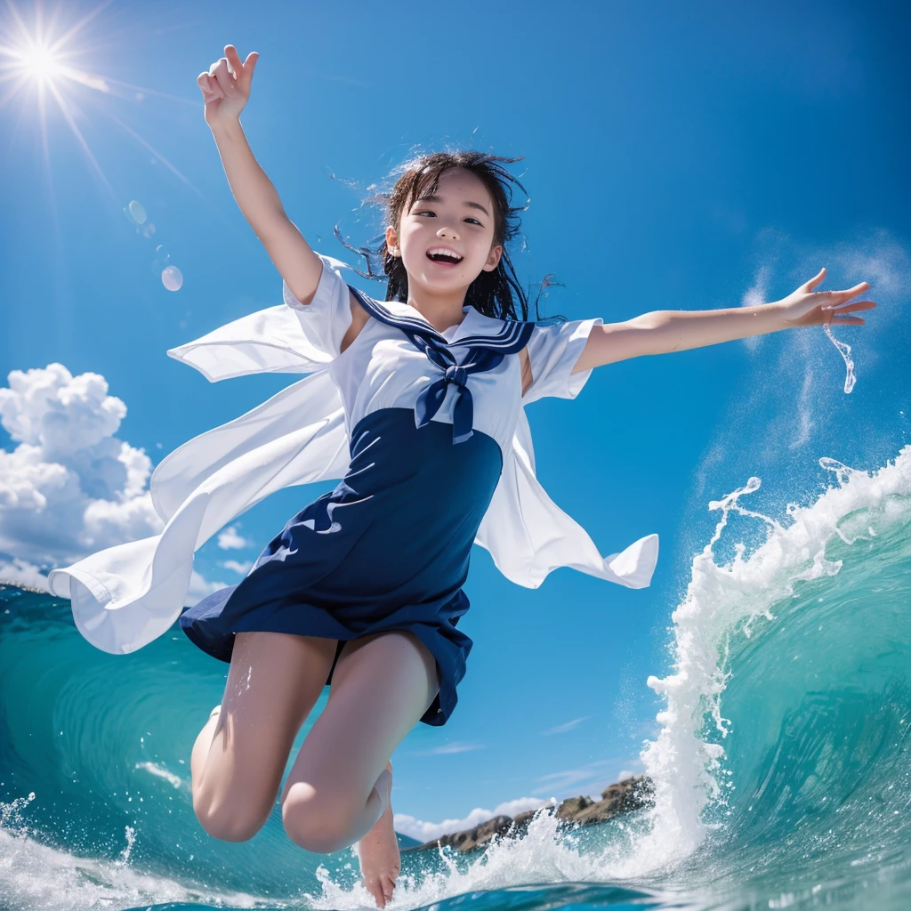1girl,masterpiece, 12 years old;beautiful girl、8K quality, High definition, realistic pictures, professional writing, There is a woman jumping in the air from underwater to the sky., ((A pose that looks like dancing with the face facing upwards)), face upwards, dance in the air,artistic swimming, jump towards the viewer, jump towards viewer, she is floating in the air, jump into the air, jump on the audience, jump, jump with arms up, floating in the air, floating on the ground, Jump for joy, jump pose, horizontally jump!!!, wearing a sailor suit, high school girl,((Big wave crashing down)), ((Splashes of water splashing from the body)), Clear blue sky and white clouds, Sunlight flares