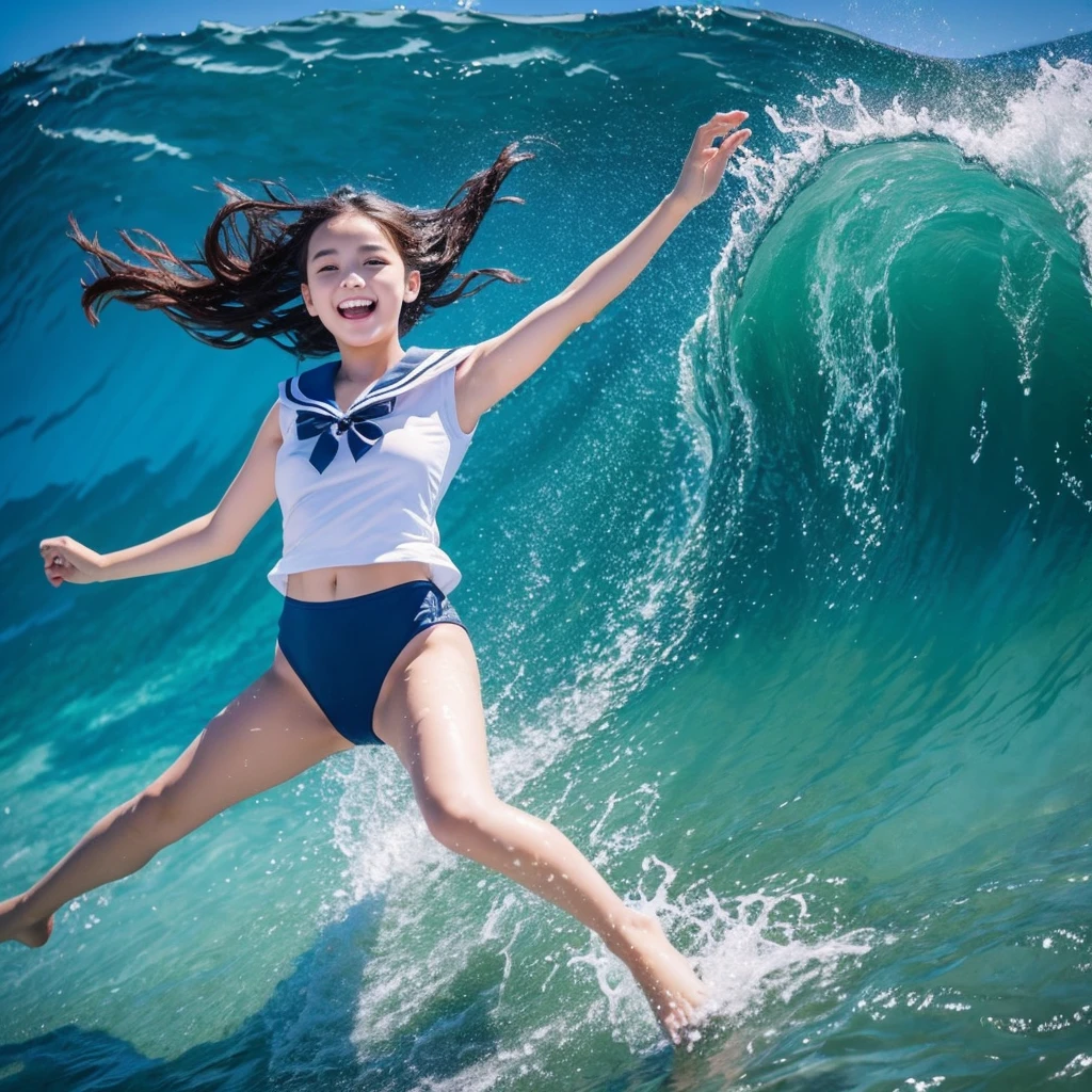1girl,masterpiece, ;beautiful girl、8K quality, High definition, realistic pictures, professional writing, There is a woman jumping in the air from underwater to the sky., ((A pose that looks like dancing with the face facing upwards)), face upwards, dance in the air,artistic swimming, jump towards the viewer, jump towards viewer, she is floating in the air, jump into the air, jump on the audience, jump, jump with arms up, floating in the air, floating on the ground, Jump for joy, jump pose, horizontally jump!!!, wearing a sailor suit, high school girl,((Big wave crashing down)), ((Splashes of water splashing from the body)), Clear blue sky and white clouds, Sunlight flares