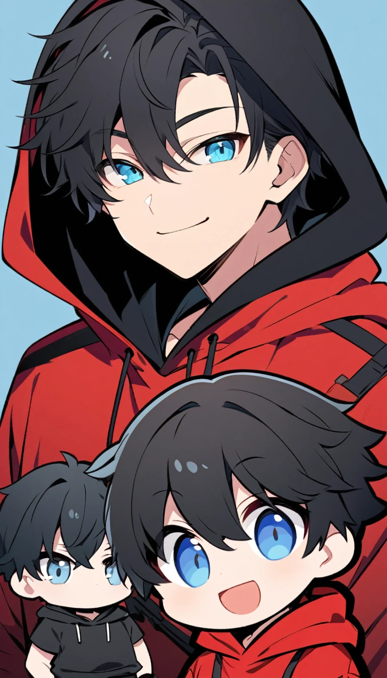 Create an anime style illustration. The character is in chibi style. The character is a young man with short black hair and blue eyes. He is wearing a red hoodie with a black hood. The character has a slightly mischievous expression. He is smiling with one corner of his mouth turned up. The background is a simple light blue color. Two-headed.　One person