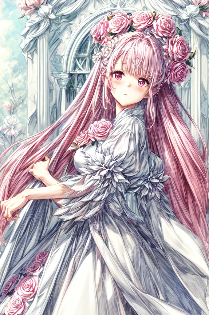 A woman , white   dress, standing, with pink flowers in her hair, standing sideways, half-length, close-up, 、ピンク、flower、rose、タロットカード