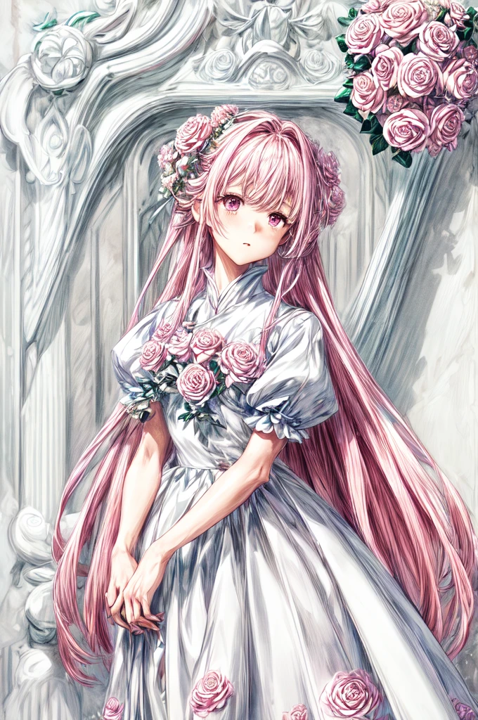 A woman , white   dress, standing, with pink flowers in her hair, standing sideways, half-length, close-up, 、ピンク、flower、rose、タロットカード