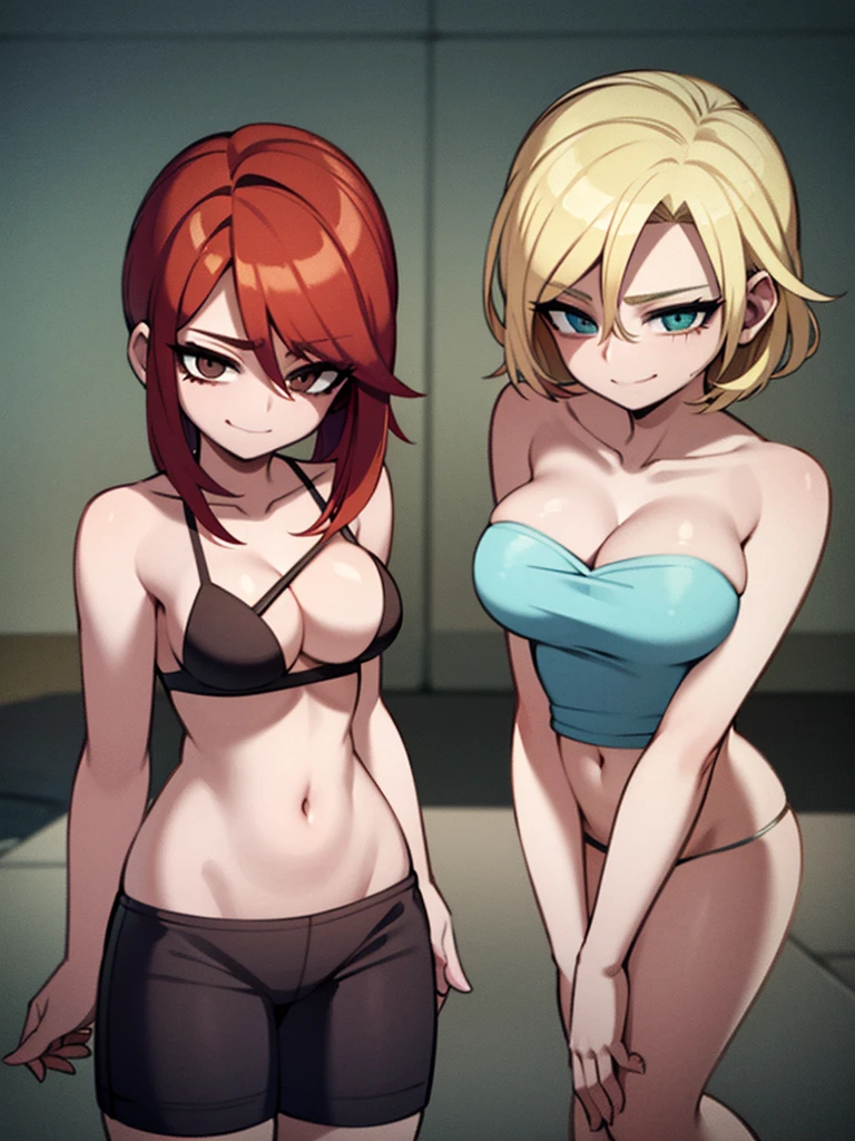 two sexy women looking down at boy with blonde hair and shorts between them, flirtatious smiles, women have auburn hair
