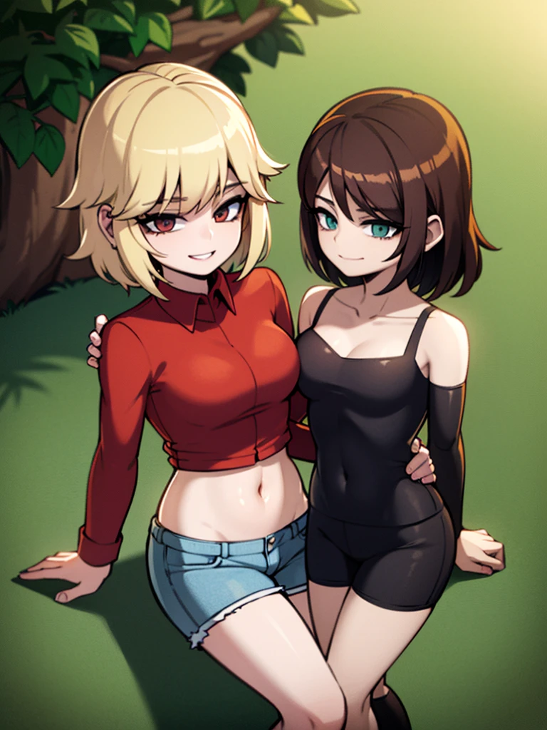 two sexy women looking down at 4 years old boy with blonde hair and shorts between them, flirtatious smiles, women have auburn hair
