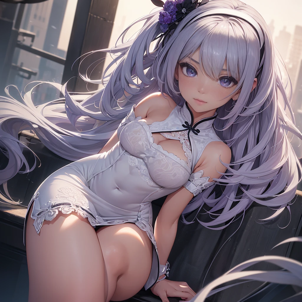 (((1girl, solo, full body, full body front))), ((standing)), (perfect anatomy, perfect hands, perfect legs, perfect body), beautiful body, natural proportions BREAK
(((extremely detailed face))), (beautiful detailed eyes:1.6), (realistic pupils, realistic iris:1), expressive eyes, looking at viewer, (clear eyes:1.3), (hyperrealistic:1.2), (detailed skin texture:1.2), smooth skin, ((purple eyes)), ((silver hair)), silver hair with blue tips, long hair, (hairband:1.3), ((black hairband)), bangs, ((hair ornament)), (smile), blush, large breast, (detailed lips:1.3), (attractive lips:1.2), (glossy lips:1) BREAK
((a sexy woman dressed in a mini qipao dress)), qipao, ((white qipao:1.5)), (mini qipao:1.5), dress, ((china dress)), (mini dress:1.5), (bare legs:1.3), ((chinese clothes)), ((high slit qipao)), thighs, ass visible through thighs, ((bare shoulders)), high heels BREAK
(minimal background:1.1), (simple background:1.1) BREAK
(masterpiece:1.2), anime-style, top quality, best quality, (beautiful and aesthetic:1.2), (ultra detail:1.3), Ultra-detailed depiction, Ultra-precise depiction, extremely detailed 8k illustration, high resolution, (highly detailed shading), (realistic lighting:1.2), perfect lighting, vibrant colors, dynamic tones, striking hues, 8k, absurd resolution, perfect shadows, hdr, UHD, ambient lighting, realistic, ultra-realistic, photo realistic, highly detailed, rich detail, luminous colors, fine texture, intricate design, professional illustration, (soft light:1.2), (illustration:0.8)