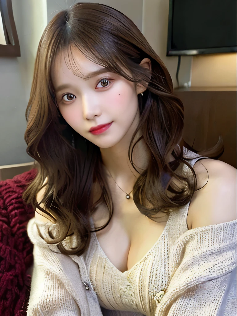 best qualtiy,tmasterpiece,超A high resolution,(realisticlying:1.4),
1girll long curly hair,Rich in detail, shoulder,cleavage,Knitwear, Deep shading, messy room, sit pose, Sitting on an object yoona snsd