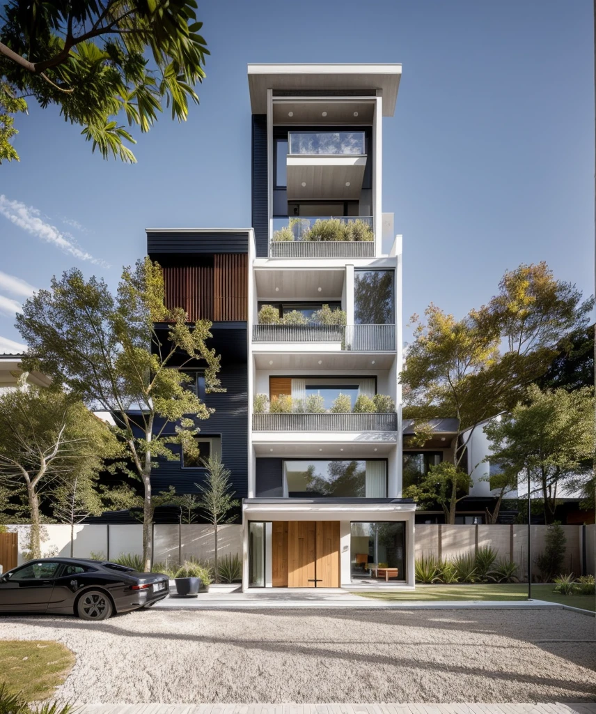 1 architecte moderne, main material by white wall and wood, 1 large courtyard, 1 road passes in front of the house,  (Photo brute, real, best quality, head of&#39;artwork:1.2), avoir l&#39;modern and minimalist look, 1 route devant la maison, dynamic lighting:1.3, (hyper realistic, photo-realistic:1.2), High quality, (dark lighting:1.2), perfect lighting, archquotidiennement, no&#39;humain, BLACK ASSURFACE, (warm interior lighting 1.2), True-to-life sharp photos, BEAUTIFUL, SHINY GREEN TREE SCENE