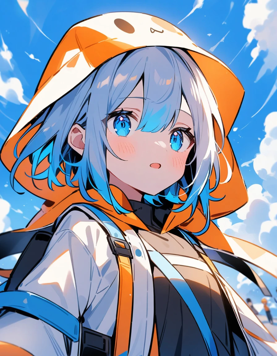 Whole body expression、1 girl、blue eyes、blue sky景色、bright、blue sky、cloud、youth、Blue and white main color、A little orange color、Solo Focus、Hair color: brown or black