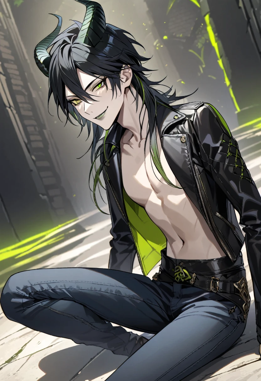 masterpiece, highres, absurdres, illustration, 1boy, sitting on floor, topless, black leather jacket, jeans, dynamic angle, malleus draconia (twisted wonderland) horns, bishounen, boy, male, yana Toboso style, long hair, black hair, yellow green eyes, smile, gray lips, handsome, skinny, tall, yellow green glow,