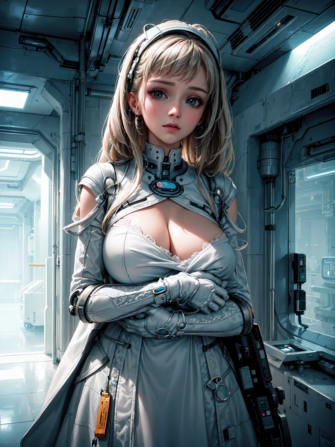 A highly detailed digital painting of a young woman in a futuristic medical facility, sterile white environment, surrounded by advanced medical equipment, holding a newborn baby in her arms, expression of wonder and joy, intricate details in the woman's face and clothing, advanced technology in the background, soft glowing lighting, cinematic composition, muted color palette, sense of wonder and innovation.