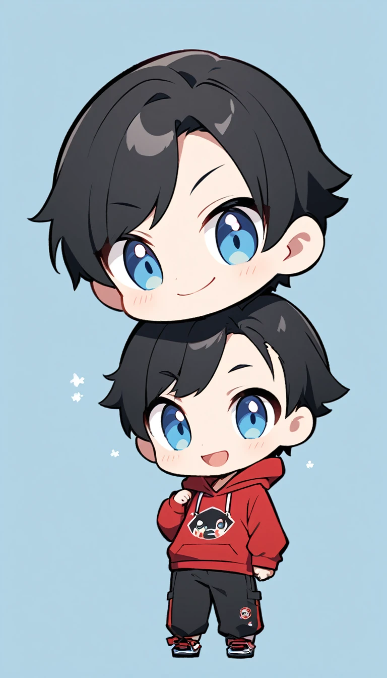 Create an anime style illustration. The character is in chibi style. The character is a young man with short black hair and blue eyes. He is wearing a red hoodie with a black hood. The character has a slightly mischievous expression. He is smiling with one corner of his mouth turned up. The background is a simple light blue color. Two-headed.　One person　whole body