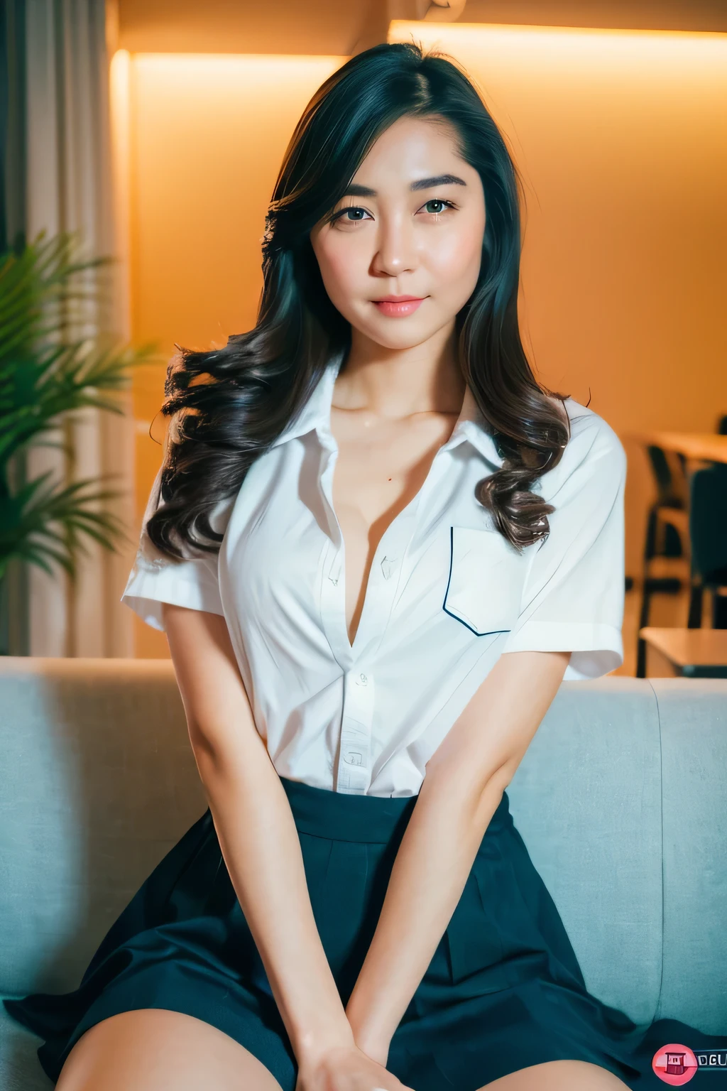 sitting on luxury sofa, spread legs, open legs, pov from front, upskirt, front view, long hair, (detailed face), (window, night city view), at luxury bedroom, slutty pose, slutty expression, cowboy shot, mouth closed, black eyes, 1 girl, 20 years old, Young female, Beautiful Finger, Beautiful long legs, Beautiful body, beautiful breasts, beautiful nipple, beautiful vagina, Beautiful Nose, Beautiful character design, perfect eyes, perfect face, expressive eyes, perfect balance, (looking at viewer), official art, extremely detailed CG unity 8k wallpaper, perfect lighting, Colorful, White skin, (masterpiece:1.0),(best_quality:1.0), ultra high res,4K,ultra-detailed, photography, 8K, HDR, highres, absurdres:1.2, Kodak portra 400, film grain, (vibrant_color:1.2), professional photograph, (Beautiful,huge_Breasts:1.4), (beautiful_face:1.5), (narrow_waist), sma_uniform ((unbuttoned)), schoolgirl uniform, white shirt, grey skirt, panties exposed 