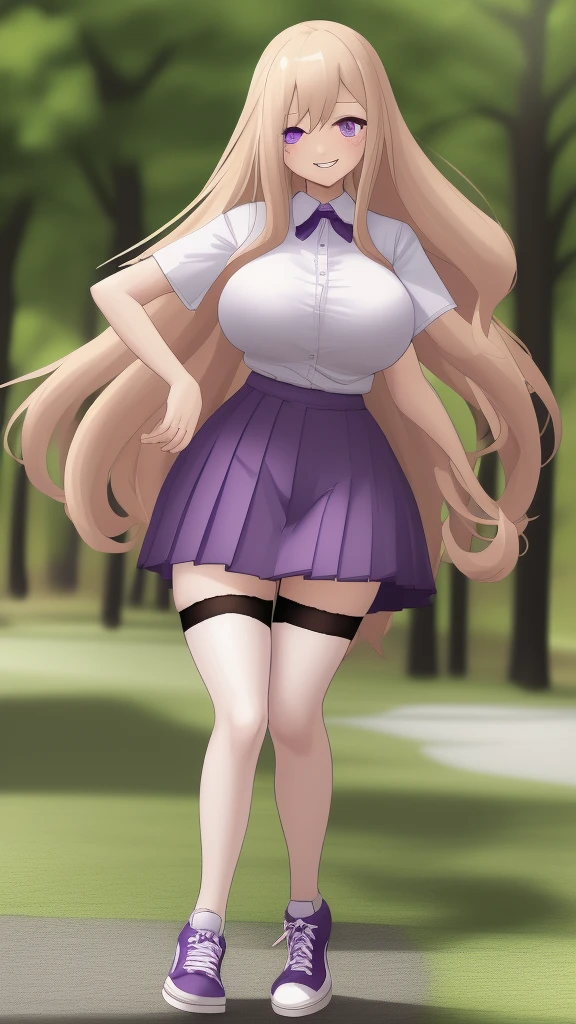 ((Best Quality)), ((Masterpiece)), (detailed), 1 girl, white button-down t-shirt, purple skirt, high brown stockings, black high-heeled sneakers, Pastel yellow hair, long hair, hair covers one eye, purple eyes, tight, big breasts, big thighs, expression smiling shy, walking in a park