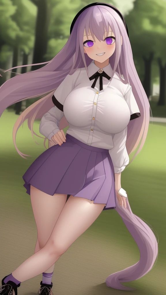 ((Best Quality)), ((Masterpiece)), (detailed), 1 girl, white button-down t-shirt, purple skirt, high brown stockings, black high-heeled sneakers, Pastel yellow hair, long hair, hair covers one eye, purple eyes, tight, big breasts, big thighs, expression smiling shy, walking in a park
