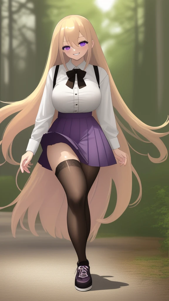 ((Best Quality)), ((Masterpiece)), (detailed), 1 girl, white button-down t-shirt, purple skirt, high brown stockings, black high-heeled sneakers, Pastel yellow hair, long hair, hair covers one eye, purple eyes, tight, big breasts, big thighs, expression smiling shy, walking in a park