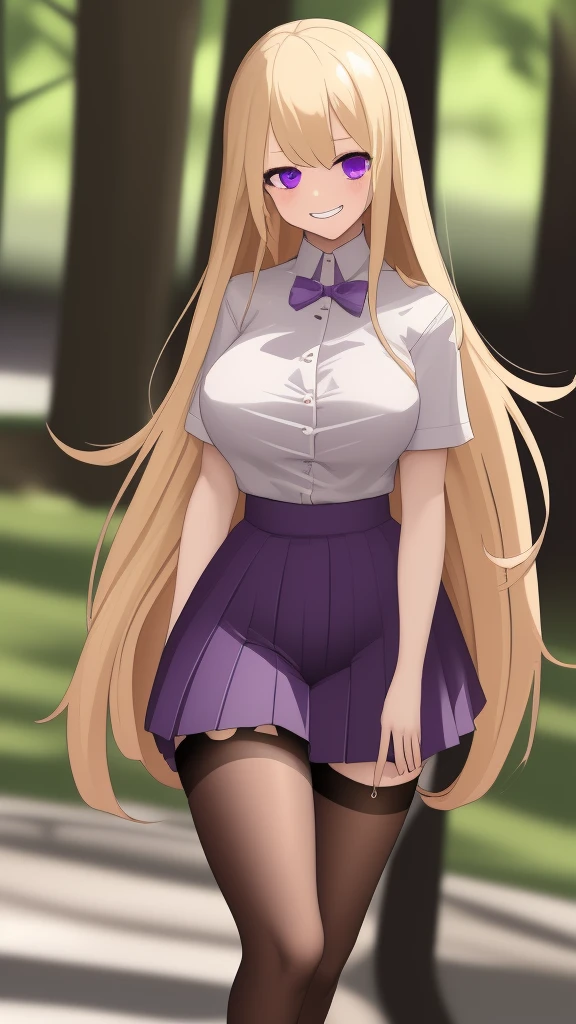 ((Best Quality)), ((Masterpiece)), (detailed), 1 girl, white button-down t-shirt, purple skirt, high brown stockings, black high-heeled sneakers, Pastel yellow hair, long hair, hair covers one eye, purple eyes, tight, big breasts, big thighs, expression smiling shy, walking in a park