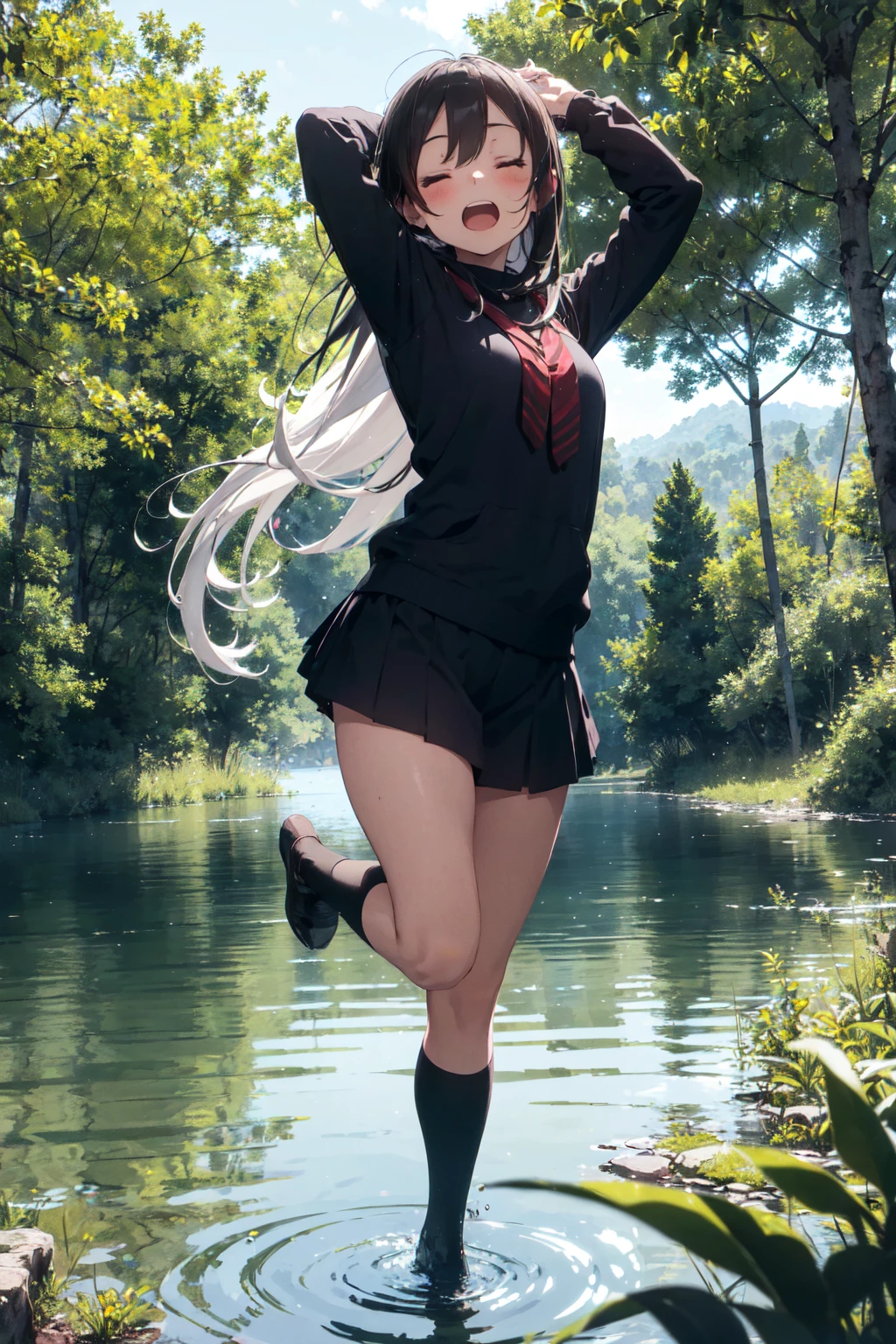 deep forest, (mysterious girl, white long hair:1.4), (jumping to rock in lake:1.3), detailed face, closed eyes, standing on lake in forest, full body, panorama view, magnificent view, absurdres, 8k, detailed plants