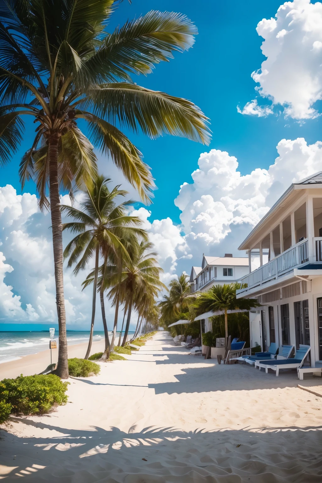 ((best qualityer)), ((work of art)), (detailded), 1 beachfront, with boardwalk, coconut palms, sand, buildings and a car