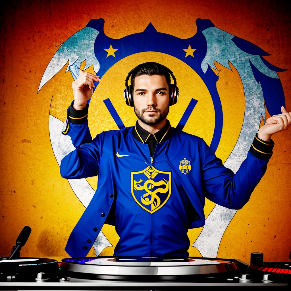 Logo with a coat of arms in the shape of a DJ's turntable. Dee jay. Deejay