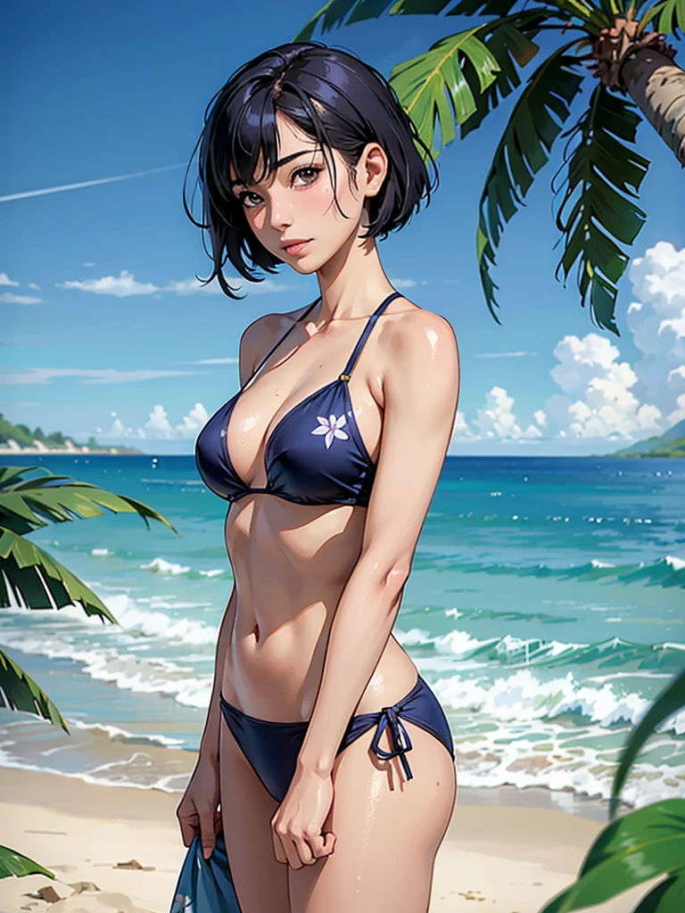 ((highest quality, masterpiece, High resolution)), ((reality)),Photos of beautiful Japanese women,((anime art))、 (((1 girl))), normal size breasts, slim body shape, medium short hair, double eyelid, Wet see-through bikini, A pareo with bold ethnic patterns and plenty of primary colors、realistic skin、Wet,whole body,cinematic light、tropical、Against the background of palm trees on both sides、on a sunny beach、With the sea in the background、blur background、