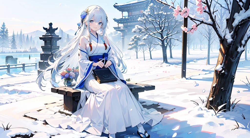 ((best quality,masterpiece,Extremely complex and exquisite details,There is only one sweet and beautiful girl with long white straight hair and blue eyes,Smile,long skirt)),(Exquisite light blue and white Japanese clothing,Beautiful bright and exquisite snow white ancient style high transparent architectural background),(correct anatomy,exquisite face),(touch flowers,Snow,Falling Flowers,Majestic and elegant outdoors),((Long-distance full body picture of a single person,sitting)),sweet atmosphere