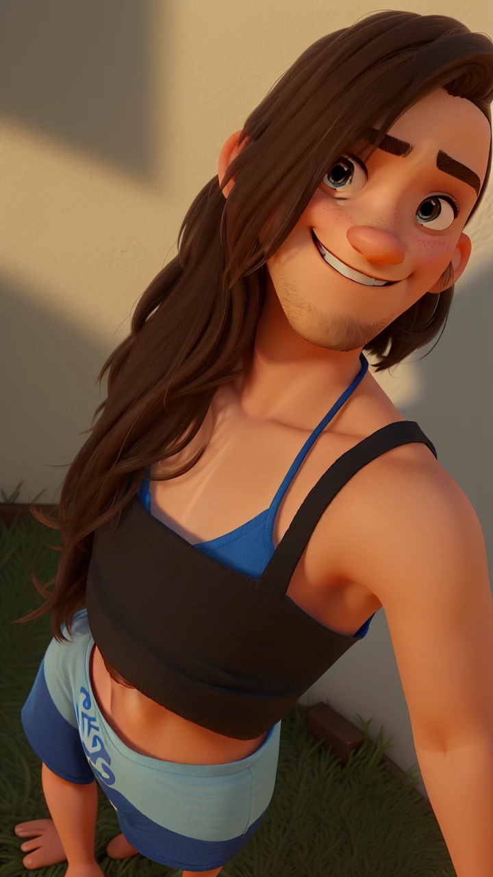 3D pixar image of a brunette man with shaved hair, shaved beard, Grinning, blue t-shirt and a 5 year old pixar, white, short curly hair, smiling