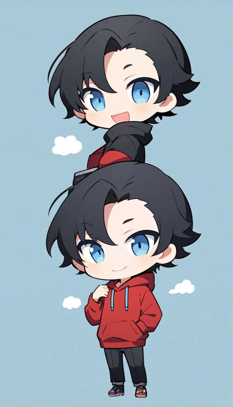 Create an anime style illustration. The character is in chibi style. The character is a young man with short black hair and blue eyes. He is wearing a red hoodie with a black hood. The character has a slightly mischievous expression. He is smiling with one corner of his mouth turned up. The background is a simple light blue color. Two-headed. One person whole body
