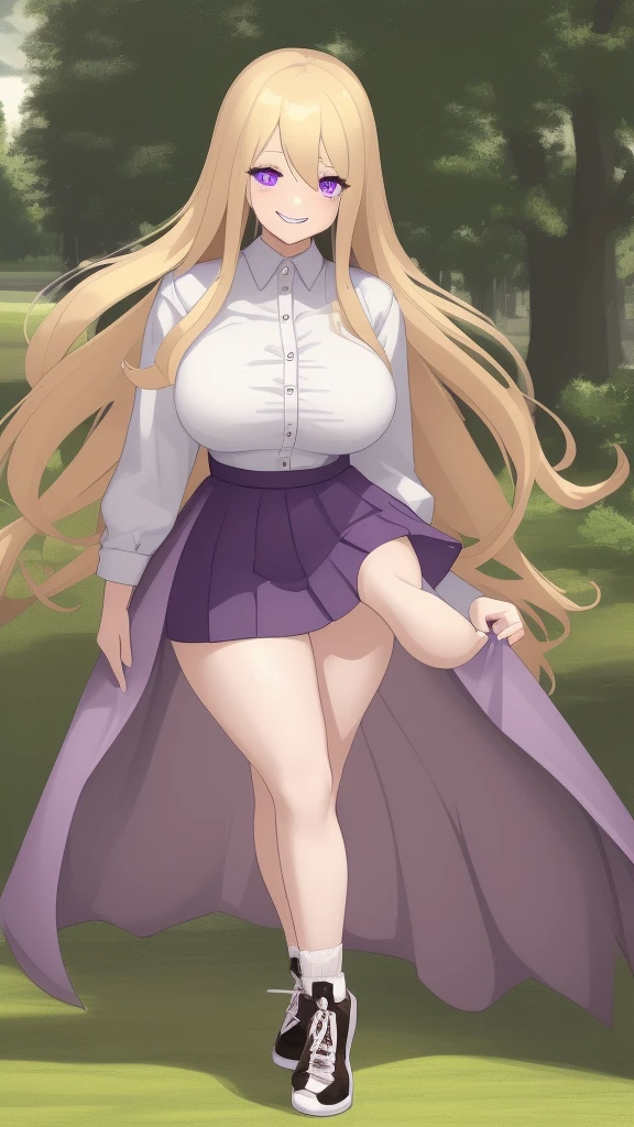 ((Best Quality)), ((Masterpiece)), (detailed), 1 girl, white button-down t-shirt, purple skirt, high brown stockings, black high-heeled sneakers, Pastel yellow hair, long hair, hair covers one eye, purple eyes, tight, big breasts, big thighs, expression smiling shy, walking in a park