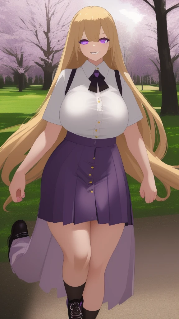 ((Best Quality)), ((Masterpiece)), (detailed), 1 girl, white button-down t-shirt, purple skirt, high brown stockings, black high-heeled sneakers, Pastel yellow hair, long hair, hair covers one eye, purple eyes, tight, big breasts, big thighs, expression smiling shy, walking in a park