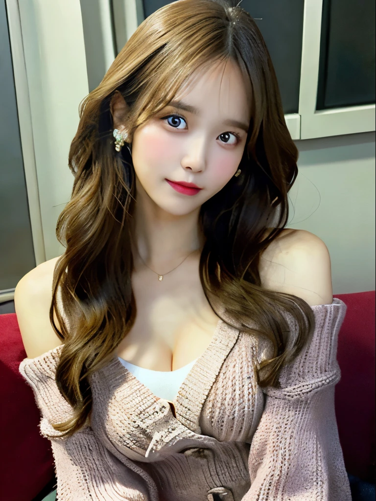 best qualtiy,tmasterpiece,超A high resolution,(realisticlying:1.4),
1girll long curly hair,Rich in detail, shoulder,cleavage,Knitwear, Deep shading, messy room, sit pose, Sitting on an object yoona snsd