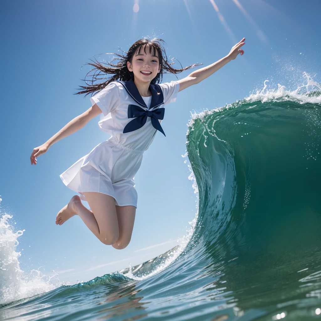 1girl,masterpiece, ;beautiful girl、8K quality, High definition, realistic pictures, professional writing, There is a woman jumping in the air from underwater to the sky., ((A pose that looks like dancing with the face facing upwards)), face upwards, dance in the air,artistic swimming, jump towards the viewer, jump towards viewer, she is floating in the air, jump into the air, jump on the audience, jump, jump with arms up, floating in the air, floating on the ground, Jump for joy, jump pose, horizontally jump!!!, wearing a sailor suit, high school girl,((Big wave crashing down)), ((Splashes of water splashing from the body)), Clear blue sky and white clouds, Sunlight flares
